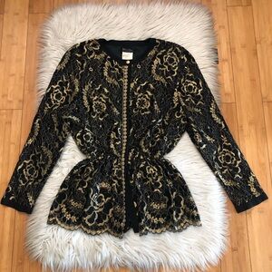 Vintage Diane Freis Metallic Lace Peplum Button Up Black Gold Jacket Cardigan S